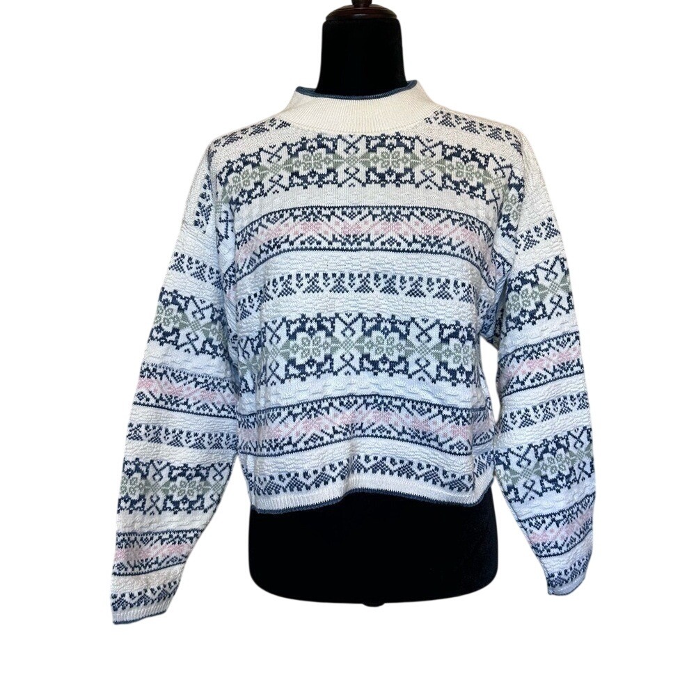 Tarazzia White,Blue,Sage Green and Pink‎ Fair Isle Crop Sweater Size Medium